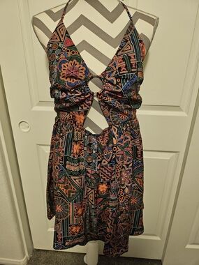 SHEIN Multicolor Halter Cutout Mini Dress in Black, Orange, Blue